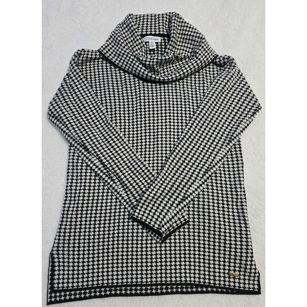 Calvin Klein Black & White Houndstooth Cowl Neck Sweater Size XS